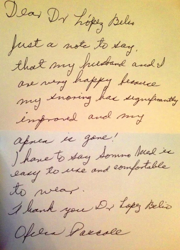 Note from patient thanking Dr. Lopez-Belio from sleep apnea treatment 